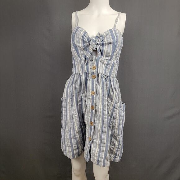 Roxy Striped Mini Dress M Tie Front Pockets Wood Buttons Coastal Chic - Picture 1 of 8